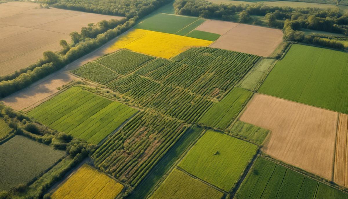 Aerial view of a sustainable agricultural farm with vibrant, diverse crop fields and natural habitat areas interspersed, showcasing biodiversity and ecological balance.