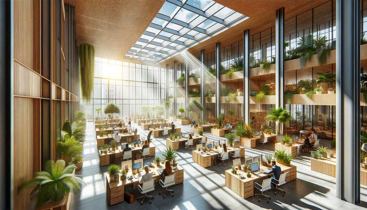 An office interior with biophilic design elements such as plants, natural light, and wood materials