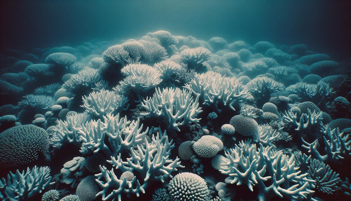 A bleached coral reef with lifeless white corals, showcasing the devastating impact of rising sea temperatures on marine ecosystems.