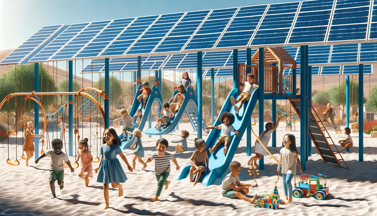 Happy children playing in a solar-powered park on a sunny day