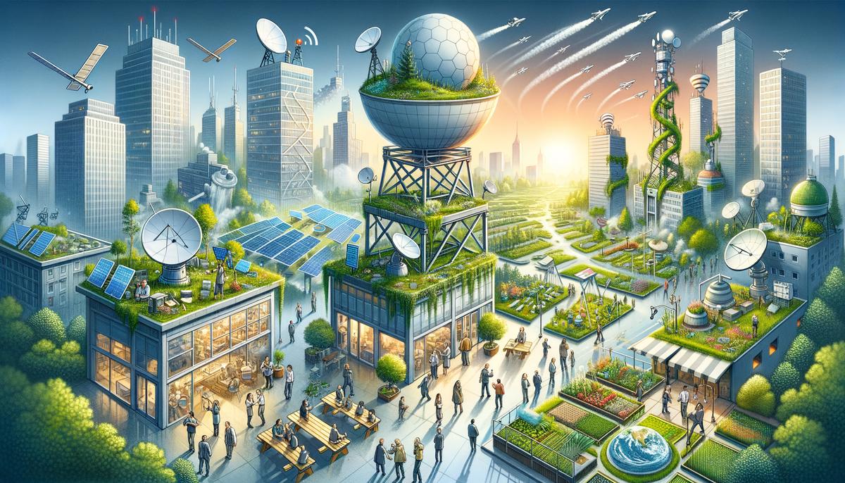 An illustration showcasing various climate change adaptation strategies, such as early warning systems, green infrastructure, and community engagement