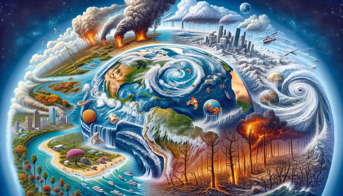 An illustration depicting the various consequences of climate change, such as extreme weather events, rising sea levels, and biodiversity loss