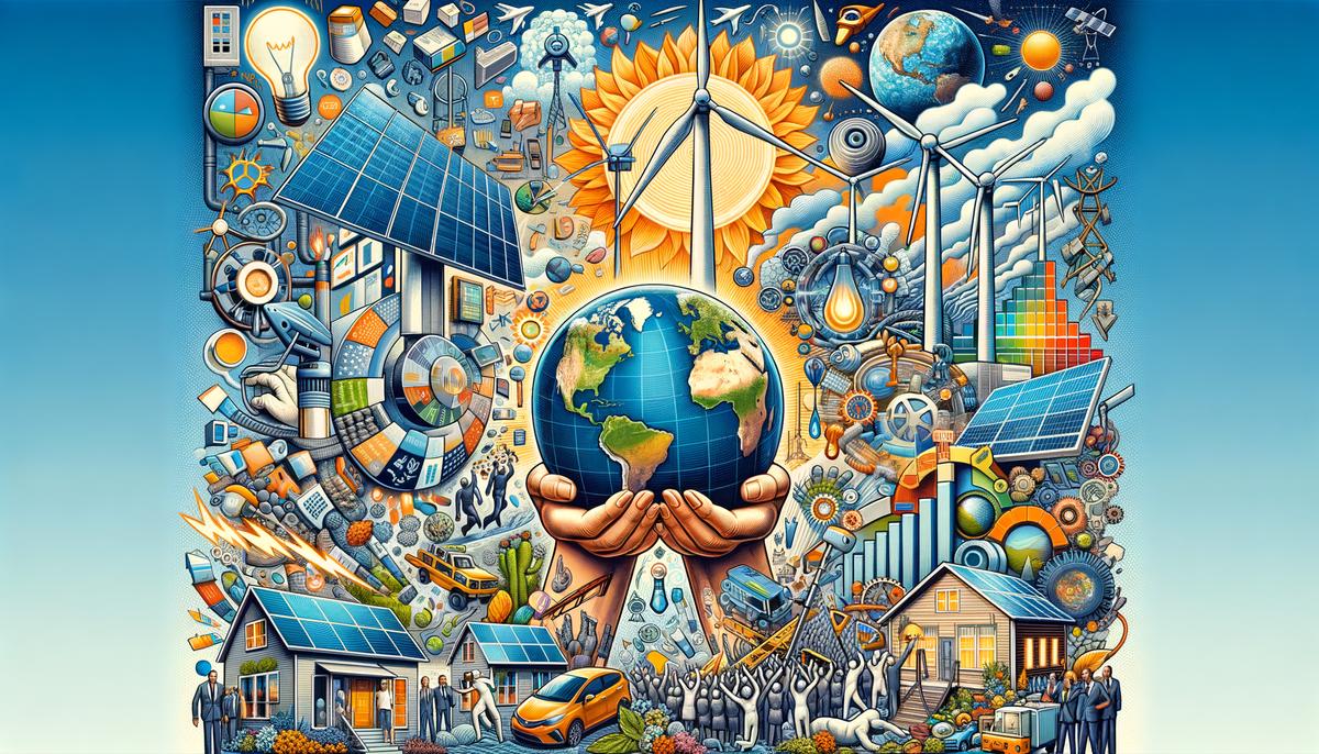 An illustration depicting various climate change mitigation efforts, such as transitioning to renewable energy, enhancing energy efficiency, and international collaboration