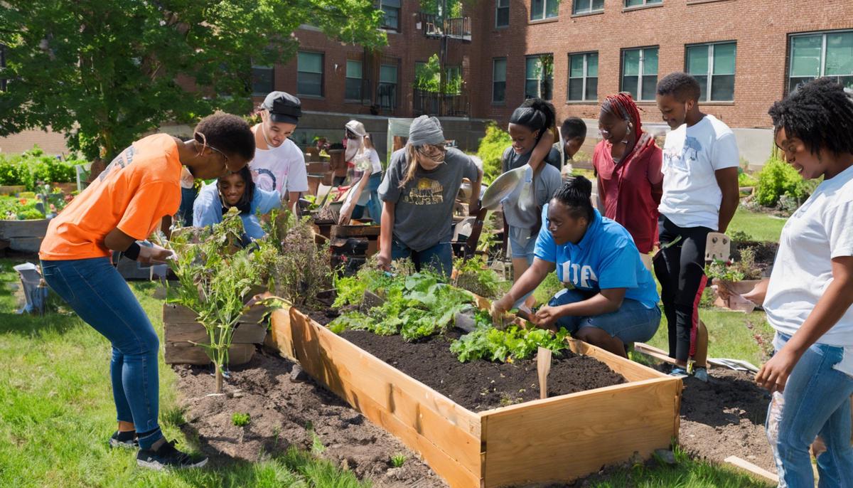 A diverse group of students and community members working together on a community garden project