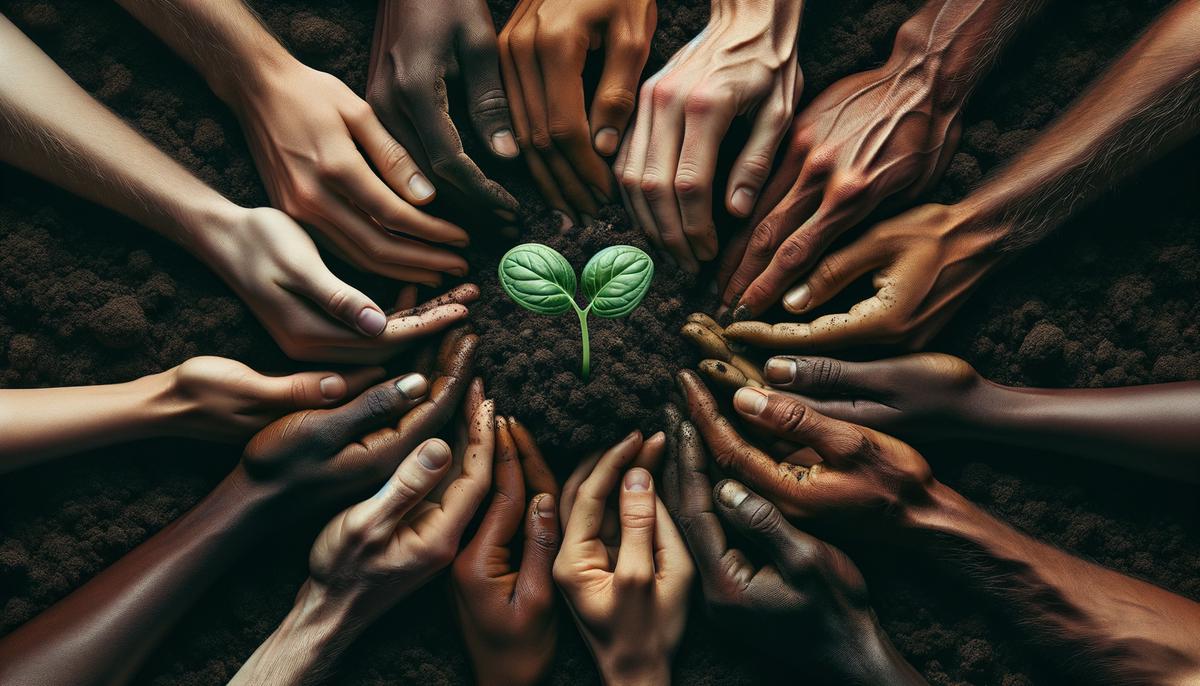 Close up of diverse hands of various skin tones gently planting a young green seedling into rich, dark soil, symbolizing community involvement in sustainable agriculture.