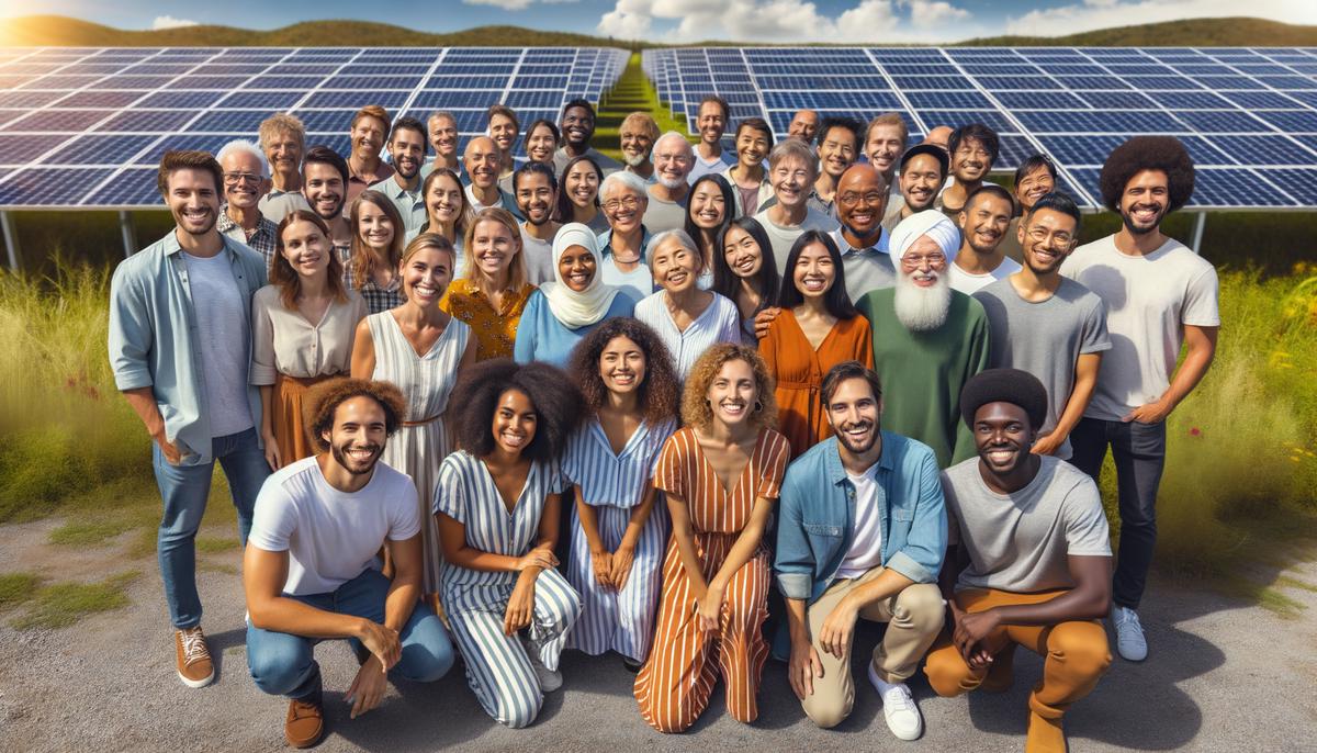 A diverse group of people standing in front of a community solar farm, smiling