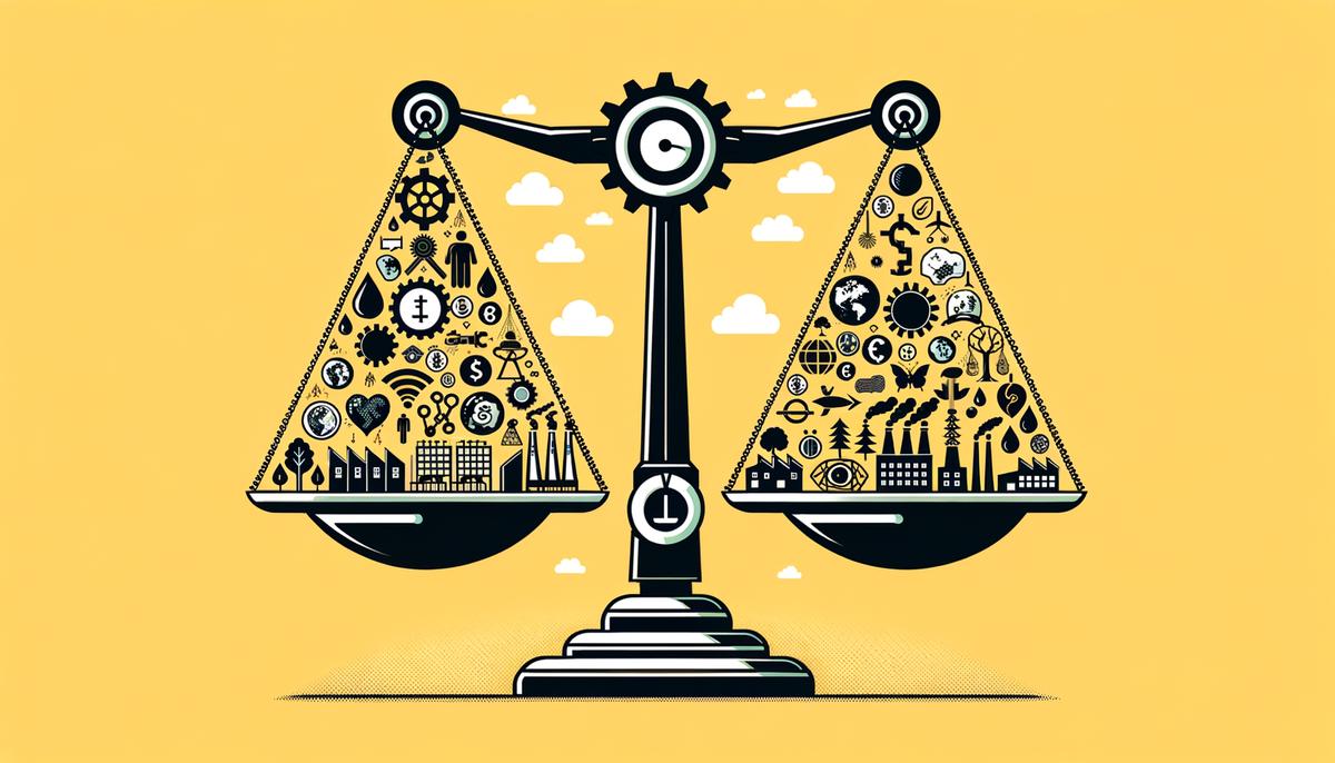 An image depicting the balance between economic growth and environmental protection, with symbols of industry and nature on opposite sides of a scale.