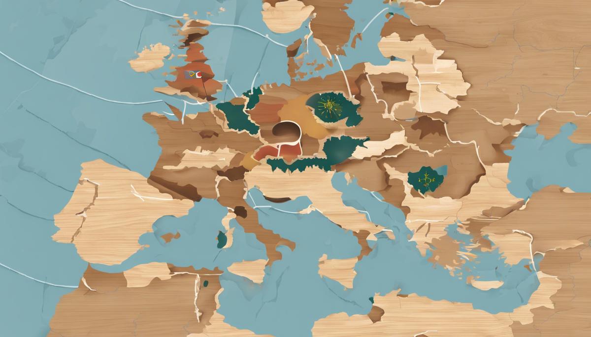 Illustration of a map of Europe with a wooden gavel on top, symbolizing the impact of the European Court of Human Rights ruling on climate change policies across the continent