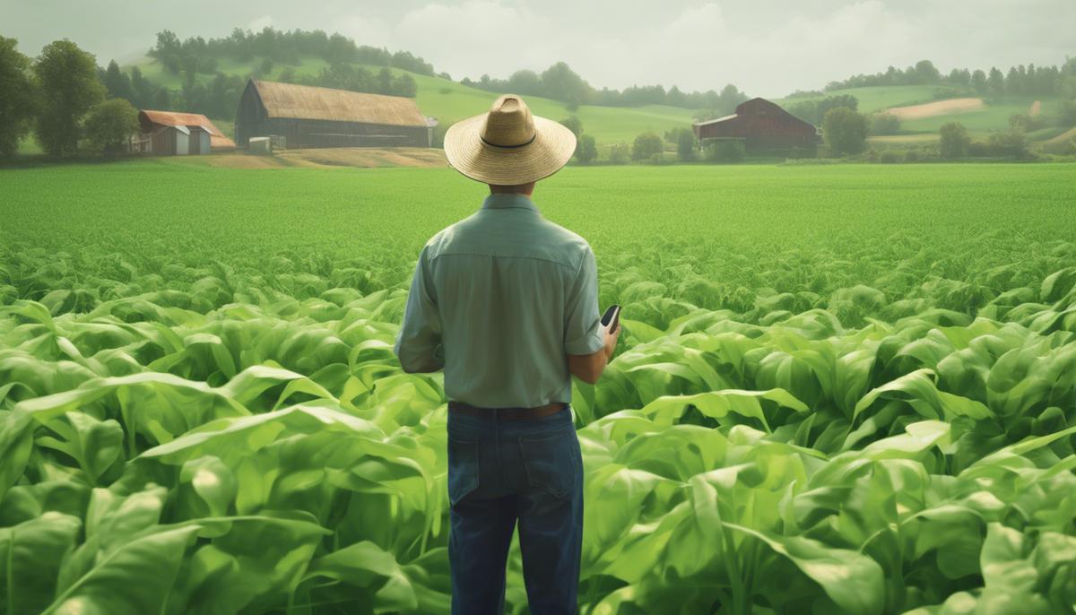 An image showing a thoughtful farmer considering the economic implications of transitioning to sustainable agricultural practices, with a lush green field in the background