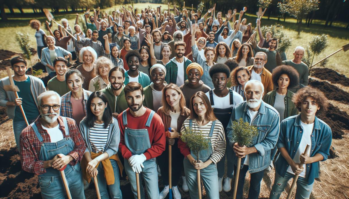 An image of a diverse group of people coming together to plant trees and engage in other environmental conservation activities.