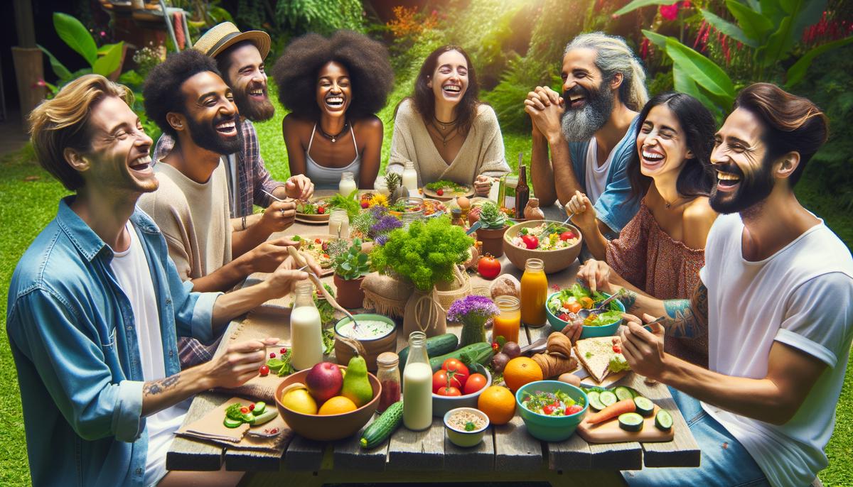 A person enjoying a locally sourced meal outdoors with friends, showcasing the fulfillment that comes from sustainable practices.