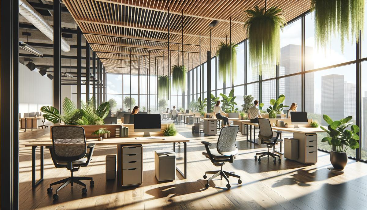 A modern office space with abundant natural light, plants, and ergonomic furniture