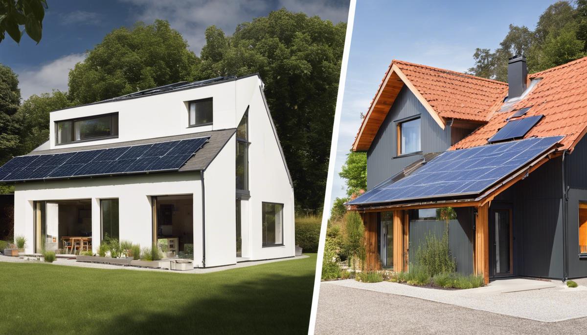 A split image showing a traditional energy-inefficient house on one side and a modern sustainable home with solar panels and green design on the other, illustrating the climate impact of housing choices.