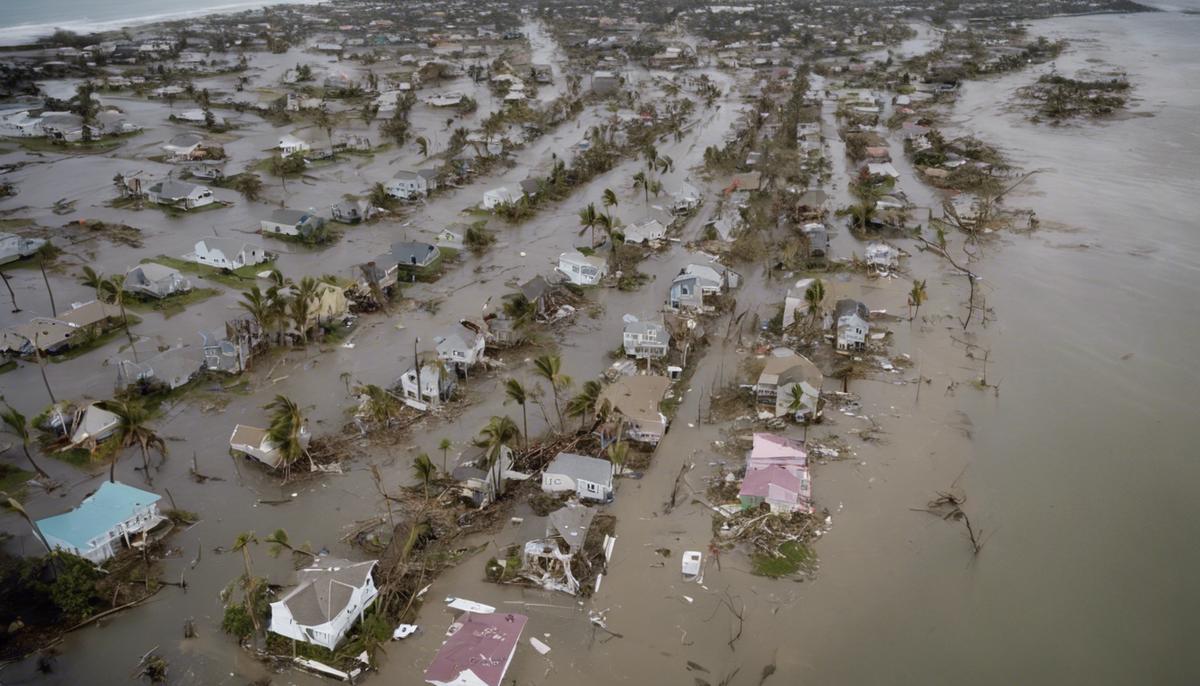 An aerial view of a coastal community devastated by a powerful hurricane, with destroyed buildings, flooded streets, and debris scattered everywhere.