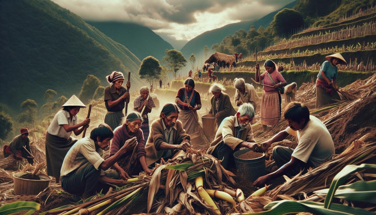 Indigenous farmers working together in a traditional agricultural setting