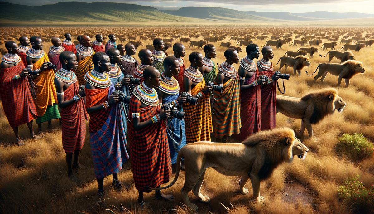 Maasai warriors in traditional attire serving as lion guardians, monitoring lion movements in the African savanna.