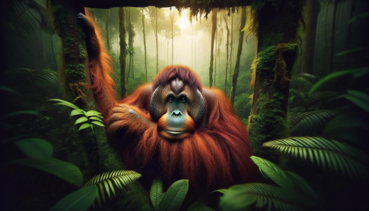 An orangutan sitting in a lush rainforest, looking pensive.