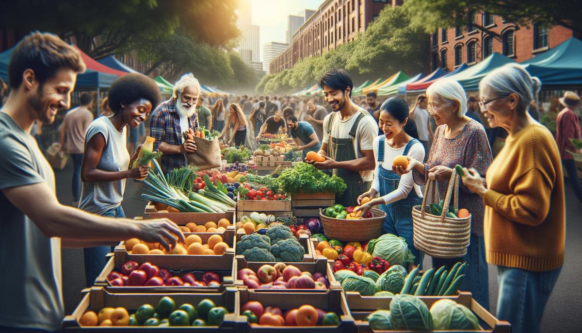 Diverse group of people of various ethnicities happily selecting fresh, sustainably grown produce at a vibrant outdoor farmers market.