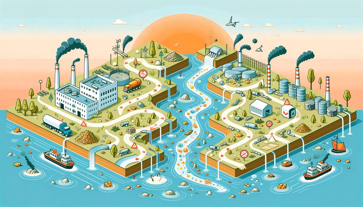 An illustration showing how PFAS chemicals from various sources contaminate water bodies and the environment.