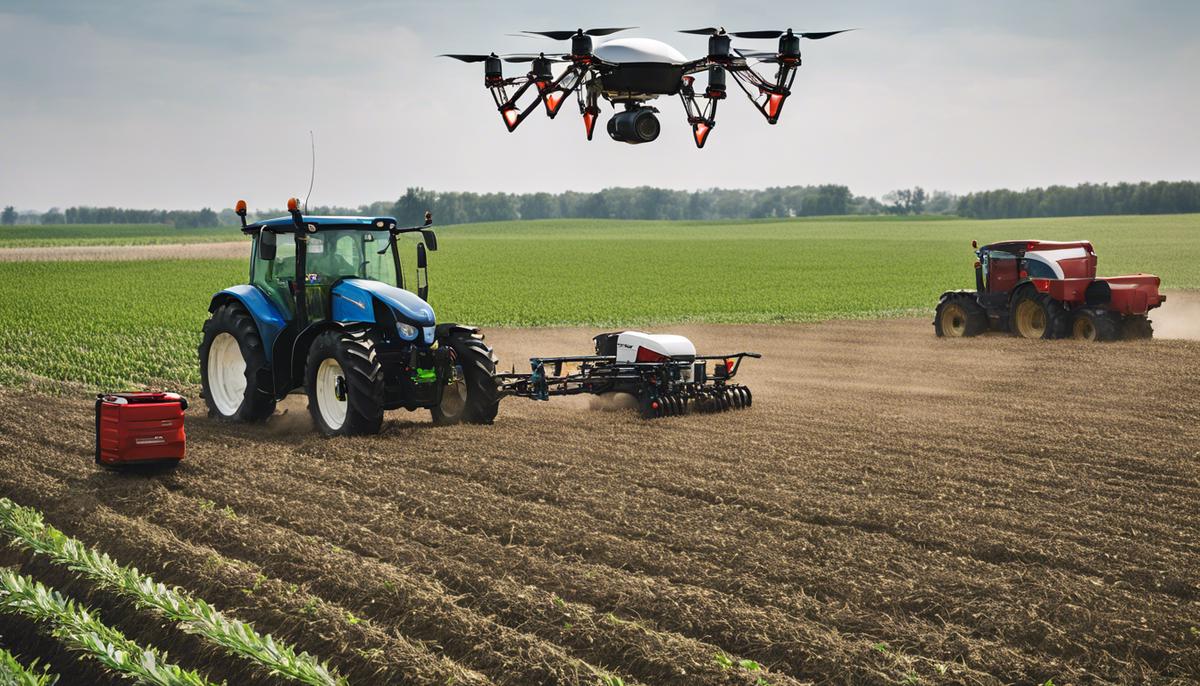 An image showing a farmer using precision farming technology, such as a GPS-enabled tractor and drone, to optimize resource use and reduce waste