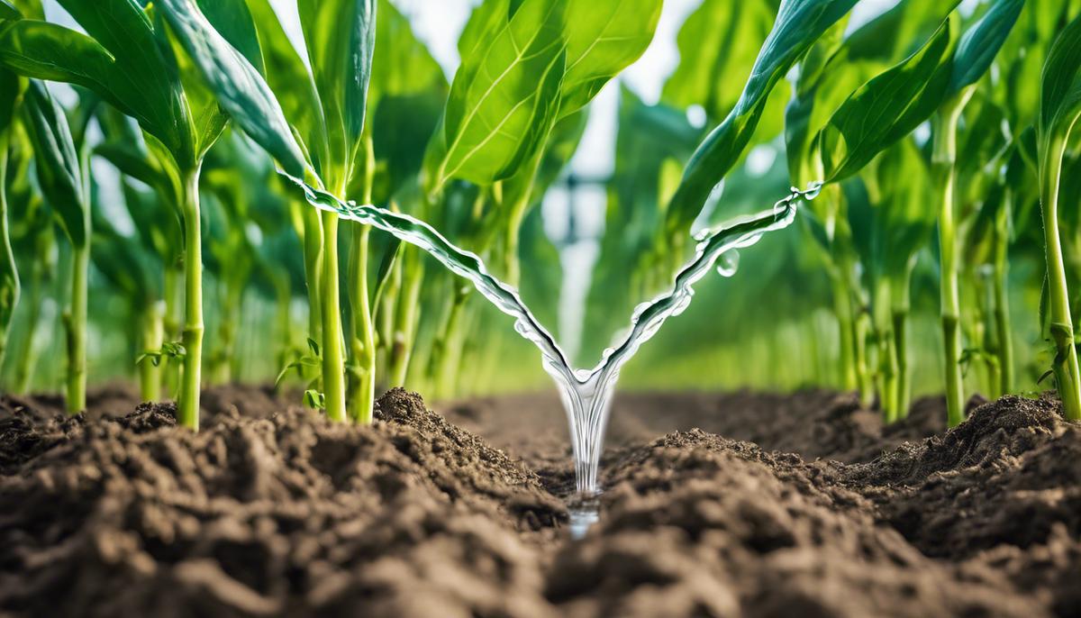 A precision irrigation system efficiently delivering water directly to the roots of vibrant green crops in a lush, sustainable agricultural field.