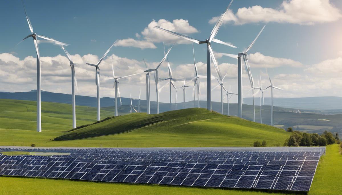 A wind farm and solar panels in a scenic natural landscape