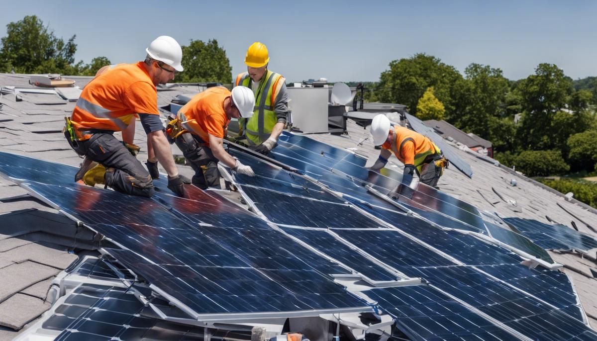 Workers installing solar panels on a roof, wearing hard hats and safety gear