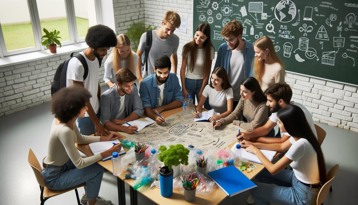 A diverse group of students brainstorming solutions to an environmental problem