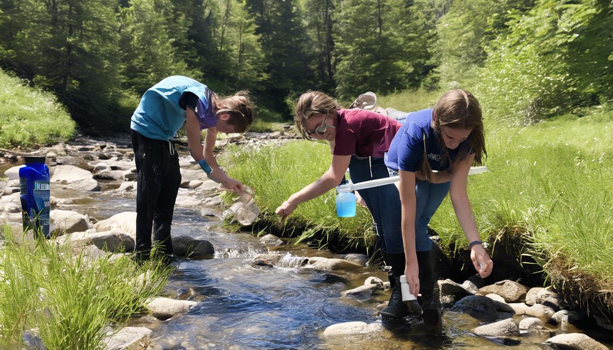 Students collecting water samples from a local stream to monitor water quality