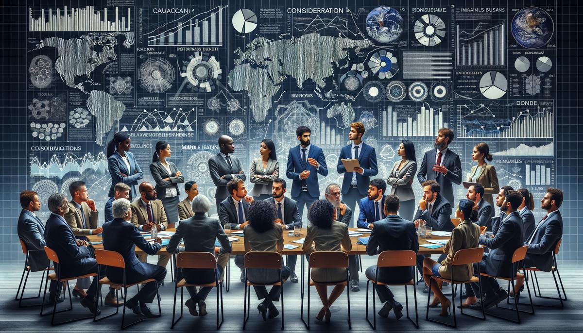 An image showing policymakers engaged in a passionate debate about sustainable agriculture policies, with charts and graphs in the background