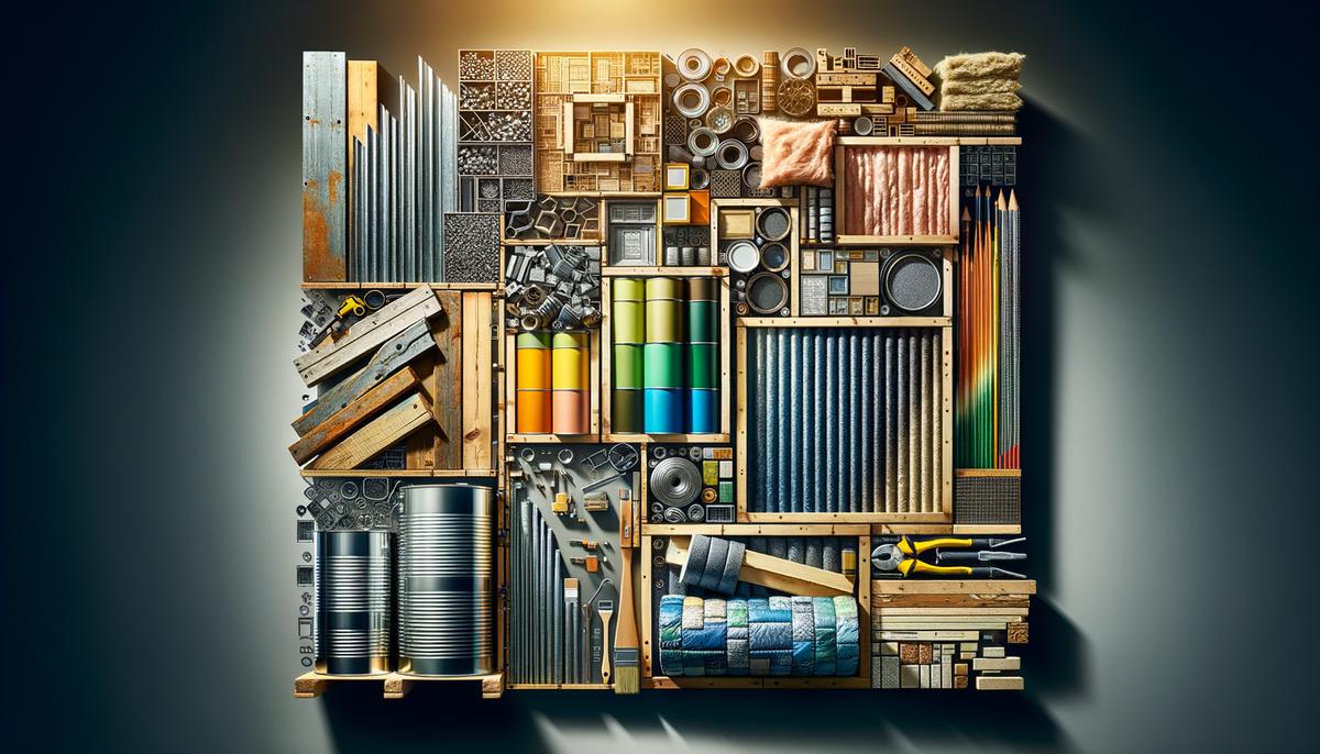 A collage of various sustainable building materials like recycled steel, reclaimed wood, and low-VOC paint