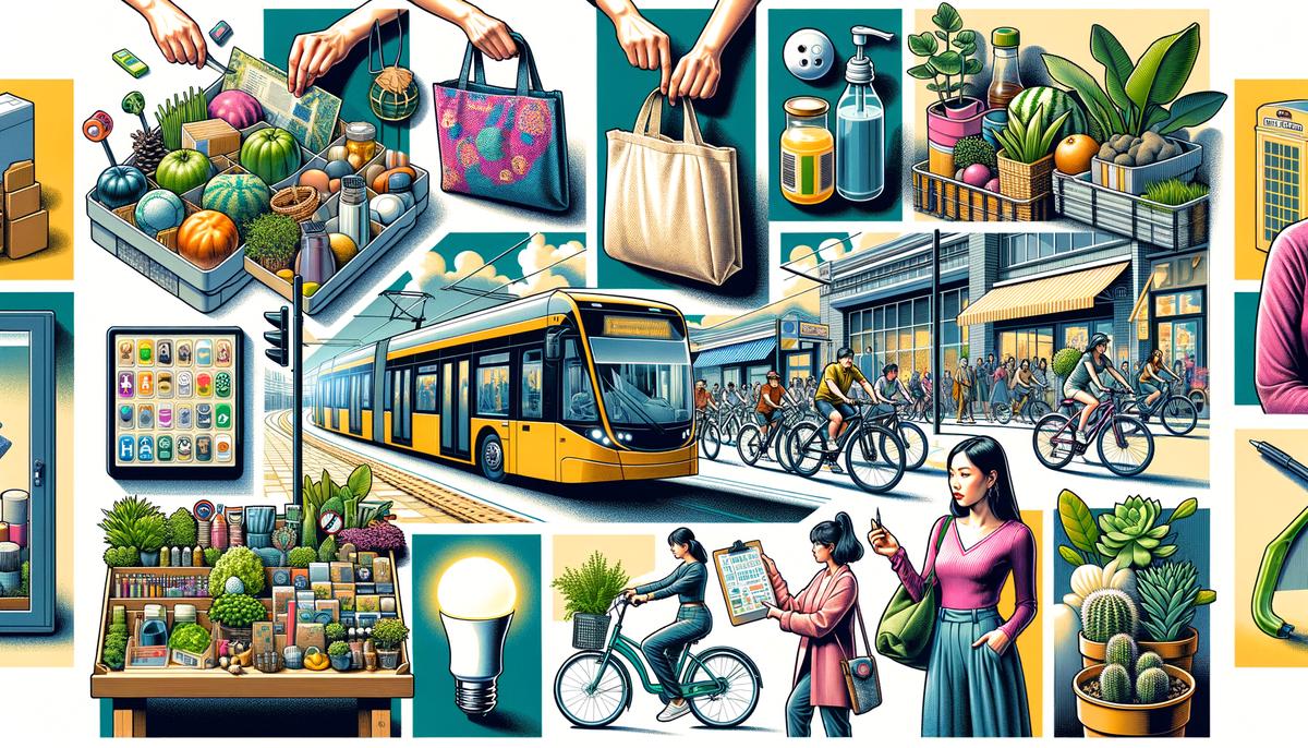 Photo collage of sustainable consumer choices like reusable grocery bags, public transportation, and energy-efficient light bulbs