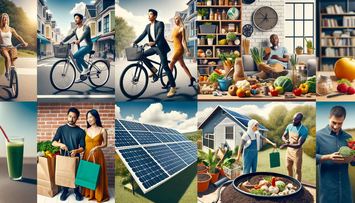 Photo collage showing various sustainable lifestyle choices like riding a bicycle, using reusable bags, installing solar panels, and composting food waste