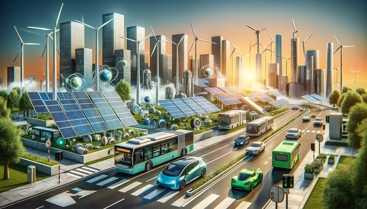 An image showcasing various sustainable technology innovations, such as solar panels, wind turbines, and electric vehicles.