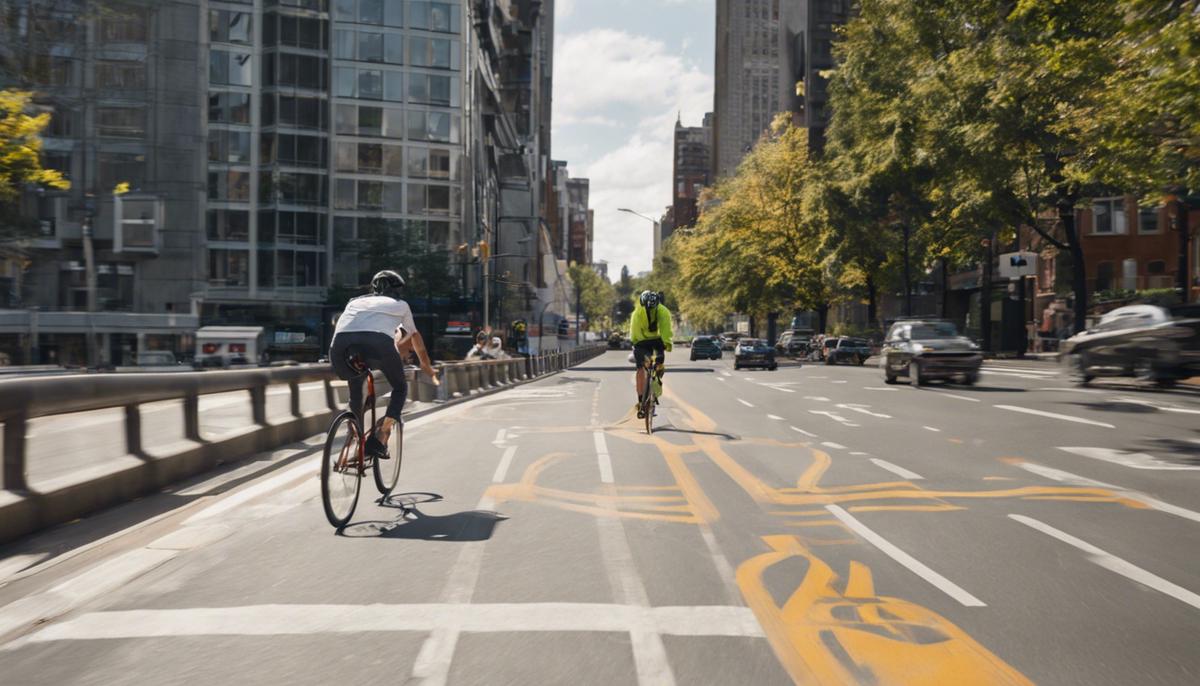 A person riding a bicycle on a dedicated bike lane in an urban setting