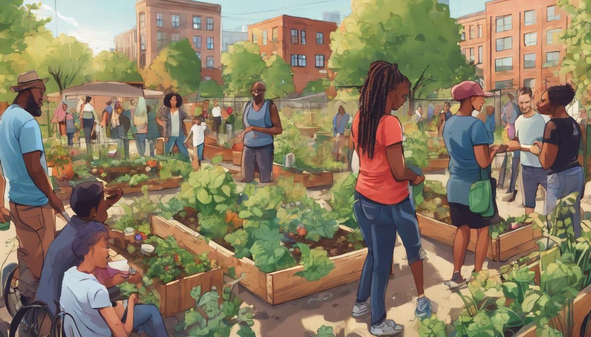 A diverse group of people enjoying a community garden in an urban setting