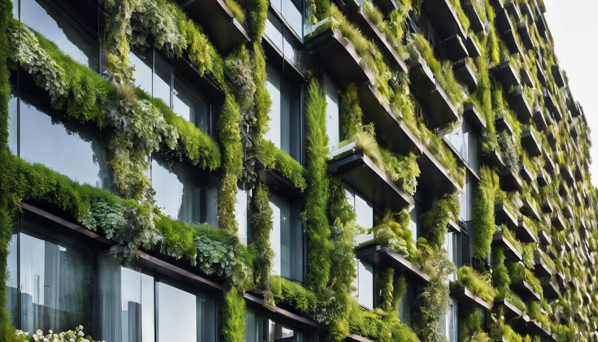 A modern building facade with lush vertical gardens