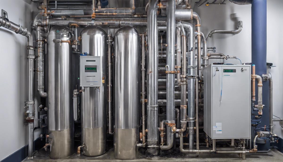 A modern water recycling system in a building, showing pipes and filtration equipment