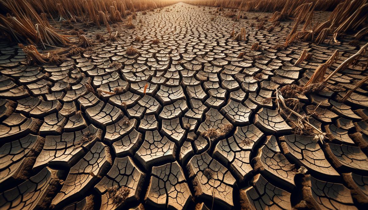 An image showing a dry, cracked field with a withered crop, illustrating the impact of water scarcity on agriculture