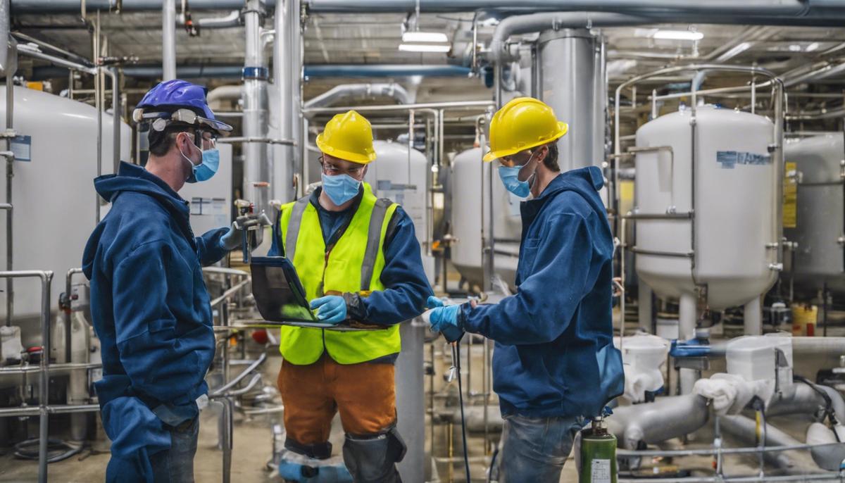 Workers at a water treatment facility implementing advanced technologies to remove PFAS from the water supply